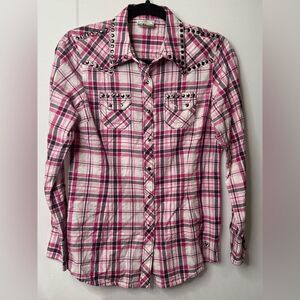 Ariat Women's Studded Pink Plaid Long Sleeve‎ Evelyn Snap Western Shirt Sz Small
